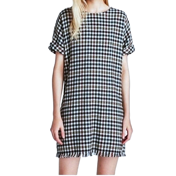S/M ZARA Tweed Boucle Dress in Houndstooth Check Pattern with Fringe Hem - Picture 2 of 9